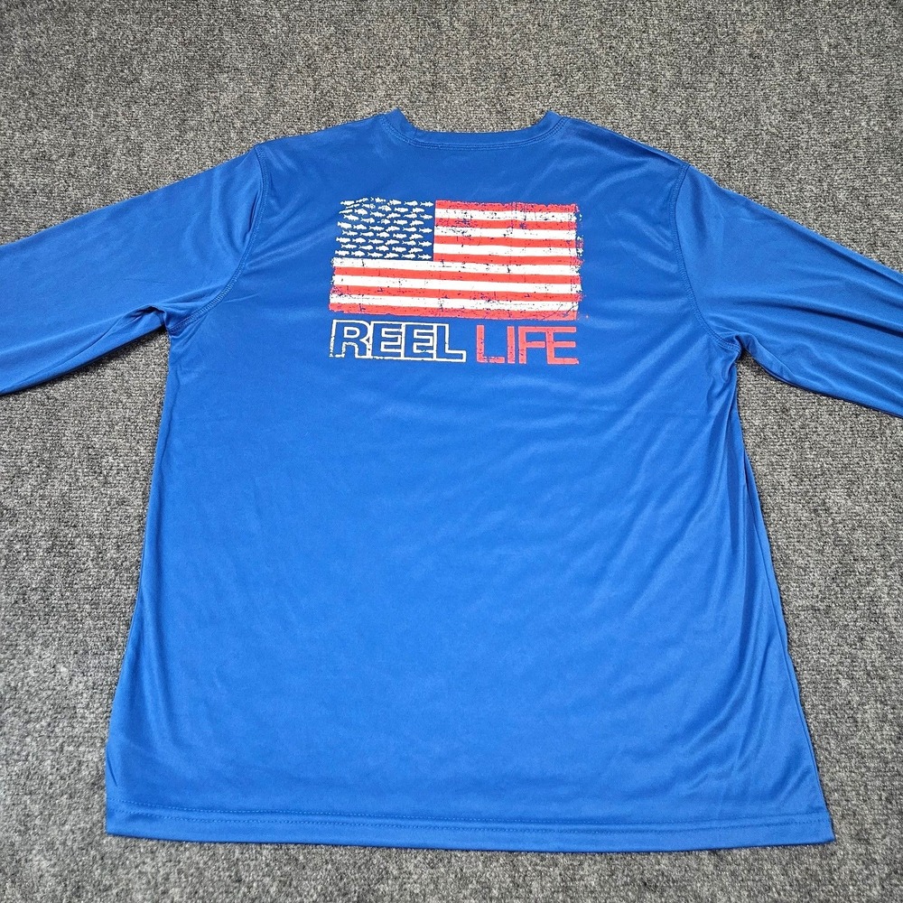 Reel Life Fishing Shirt‎ Mens L Blue Long Sleeve American Flag Performance Tee